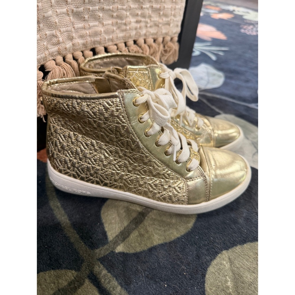Michael Kors Kids size 4 Gold Metallic Monogram High Top Sneakers Side Zip Shoes
